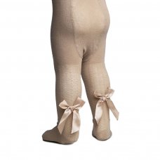 T120-BI: Biscuit Jacquard Tights w/Bow  (NB-24 Months)